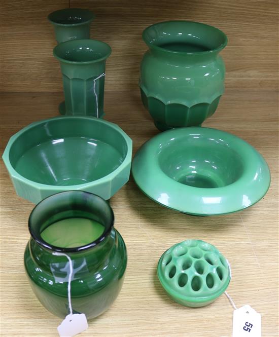 A collection of Jobling or Sowerby uranium jade pressed glassware, tallest 21cm